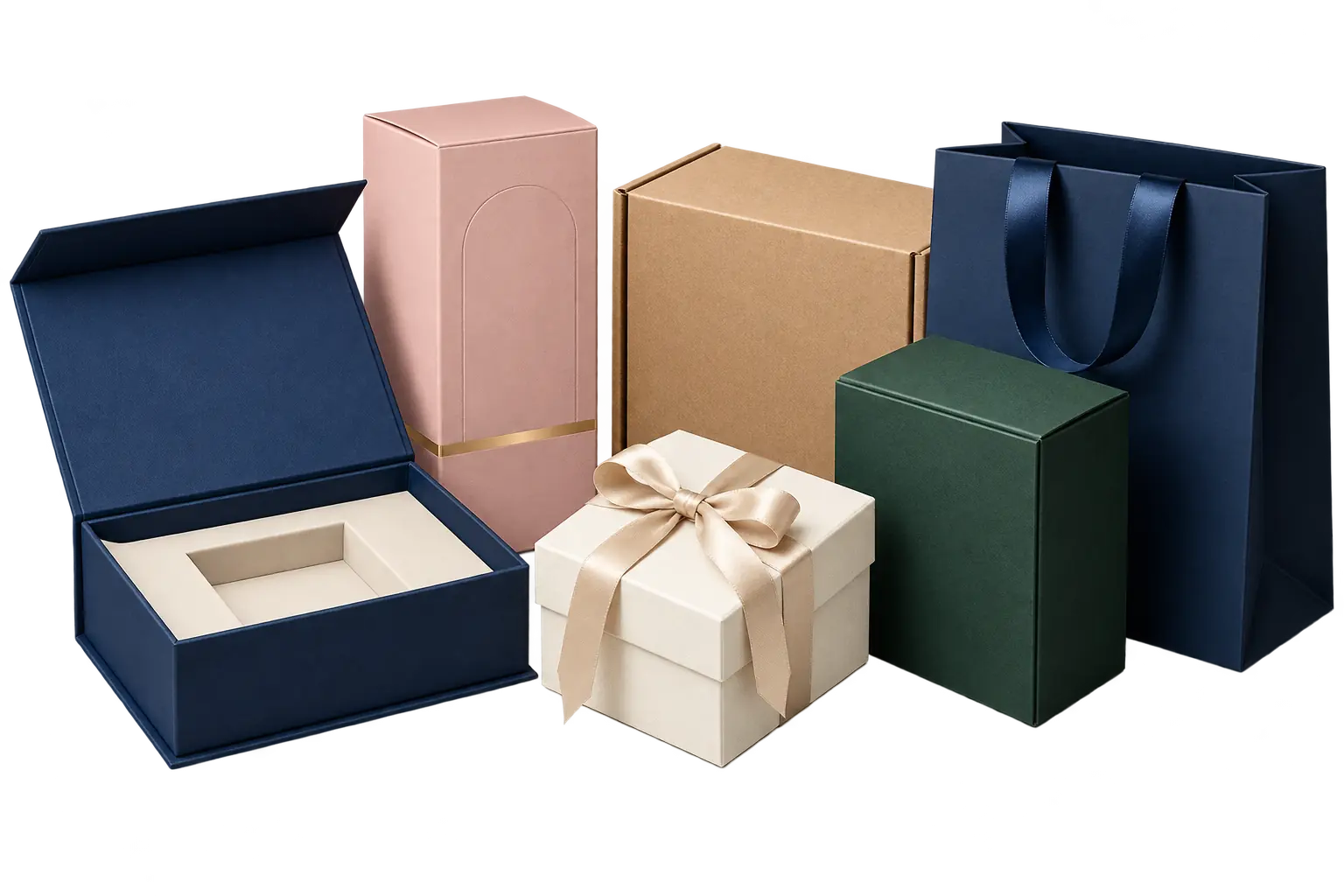 Assorted custom packaging boxes and shopping bag
